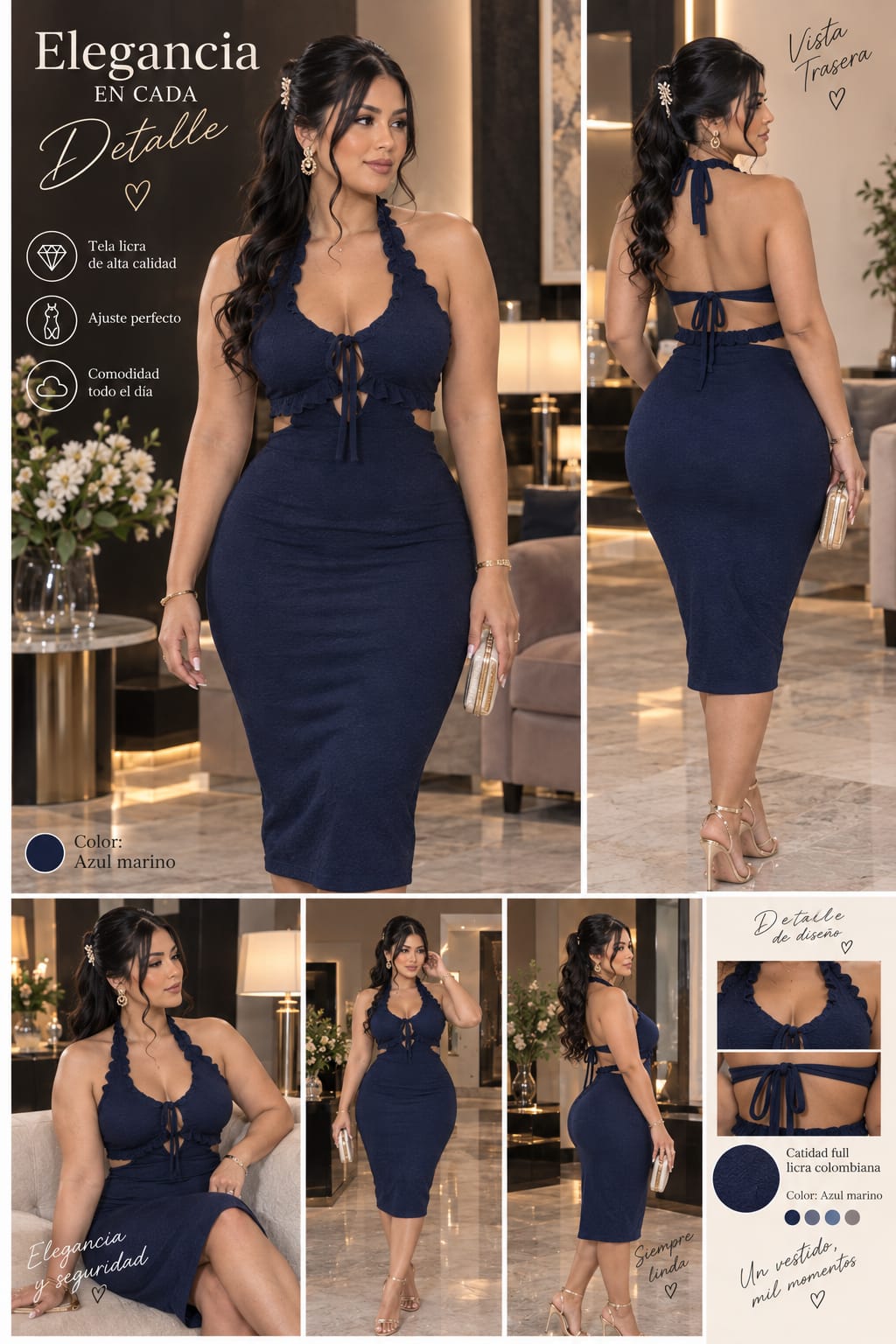 Vestido Midi Azul Marino Volantes