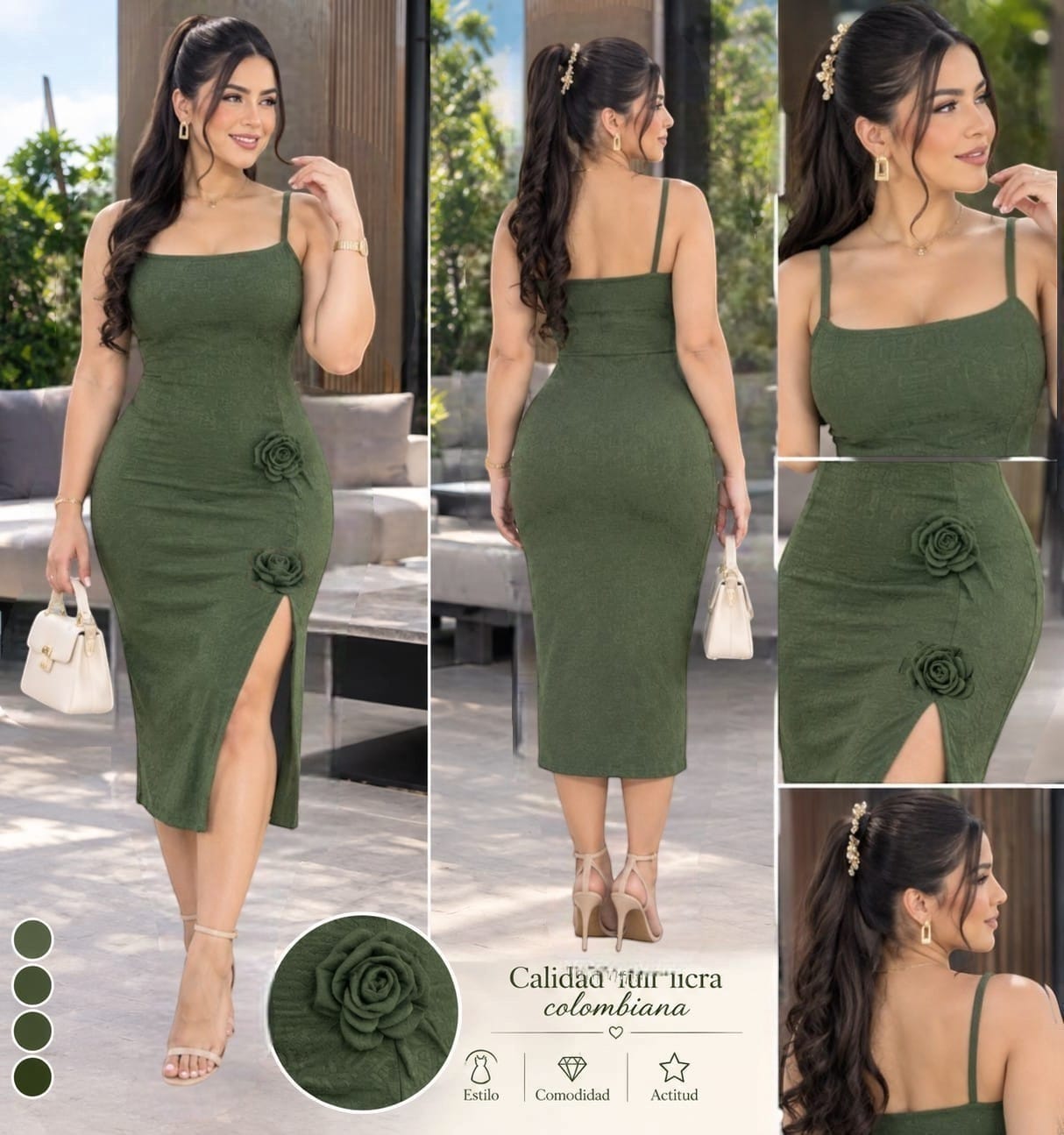 Vestido Midi Verde Rosas